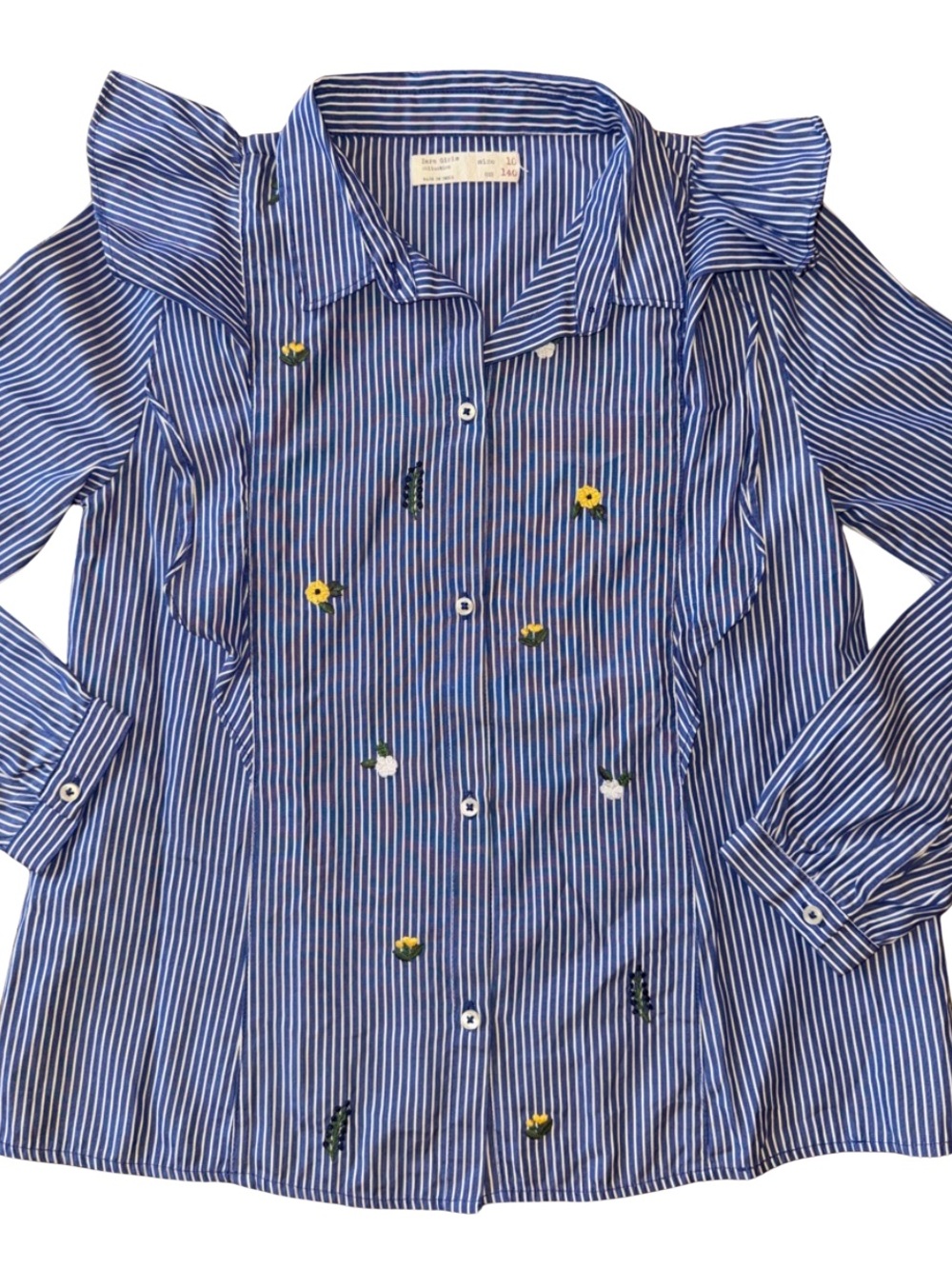 Zara Girls' Blue Striped Button-Up Top with Floral Embroidery Size 10